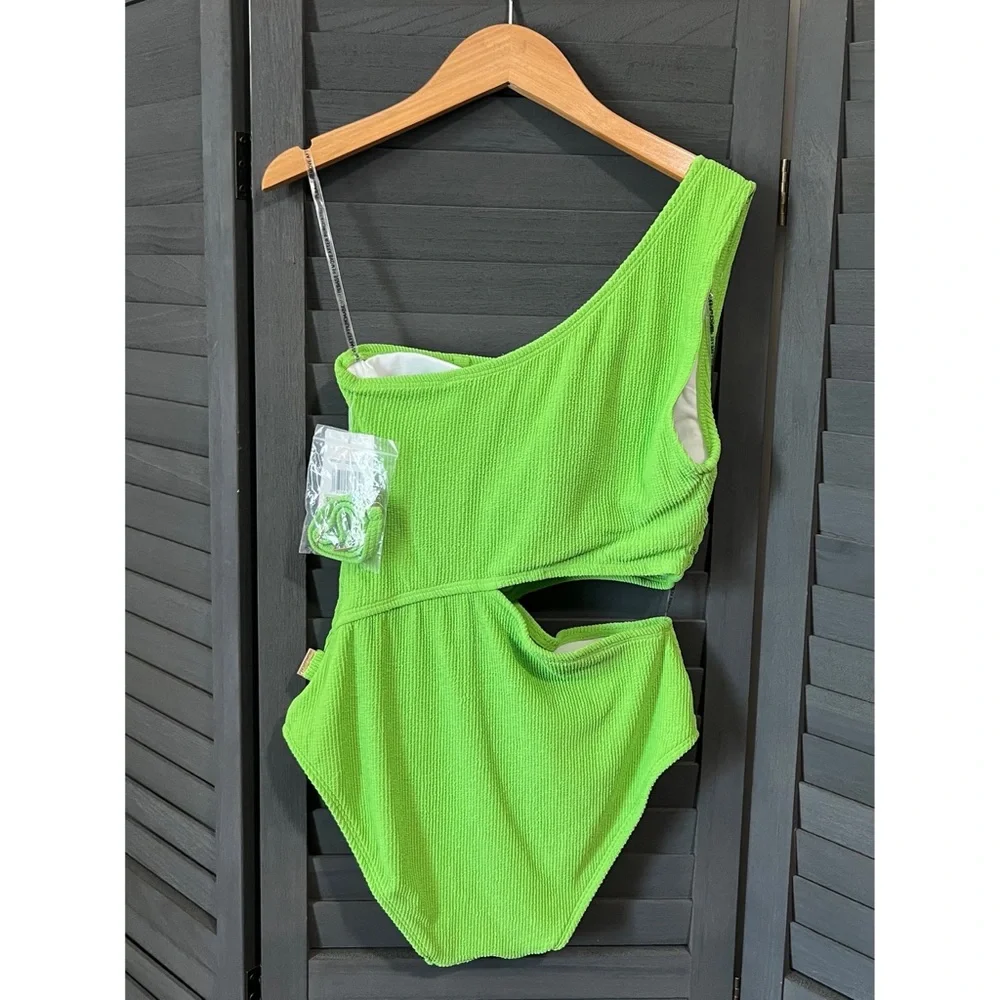Michael Kors Green Apple Ribbed One Shoulder Cutout One Piece Swimsuit 8